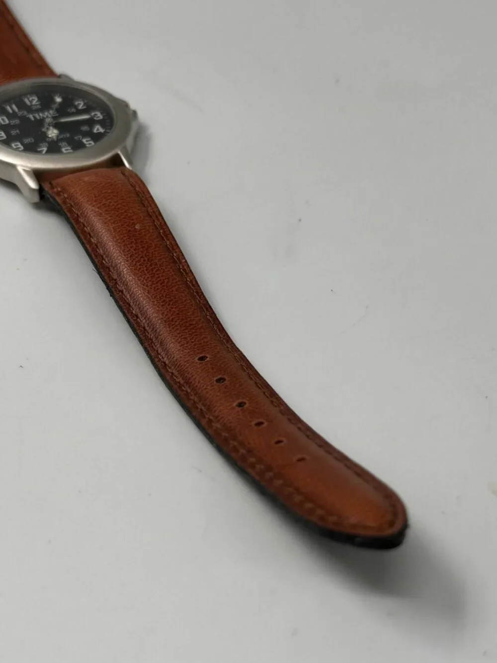 Time Watch Men Silver Tone Black Dial Brown Leather Band New Battery 9